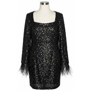 NWT Nylon Sequin Embellished Long Sleeve Feather Trim Mini Dress Black Size S